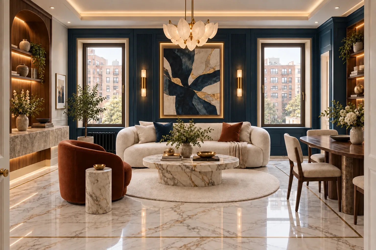 Luxury renovation concept with bronze-framed windows, marble flooring, blue paneled walls, custom shelving and warm ceiling lighting.