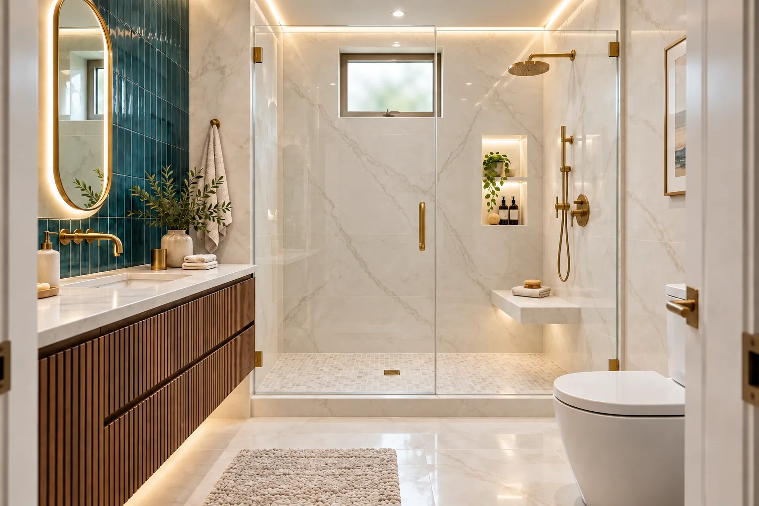 Luxury bathroom concept with ivory stone shower walls, an upgraded bronze-framed window, reflective brass fixtures and a floating walnut vanity.