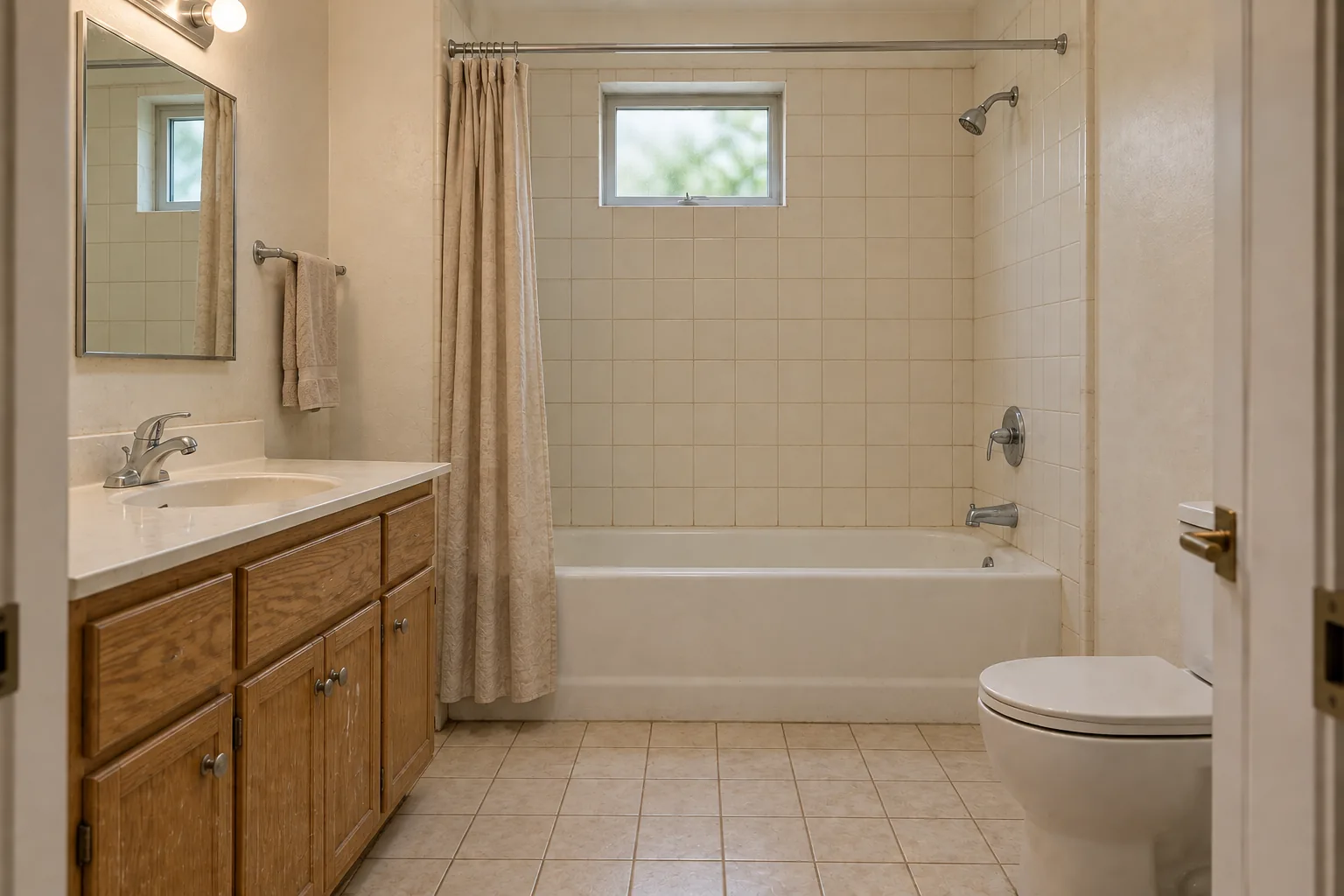 The same bathroom concept before renovation, with an old bathtub, beige tiles and a dated oak vanity.