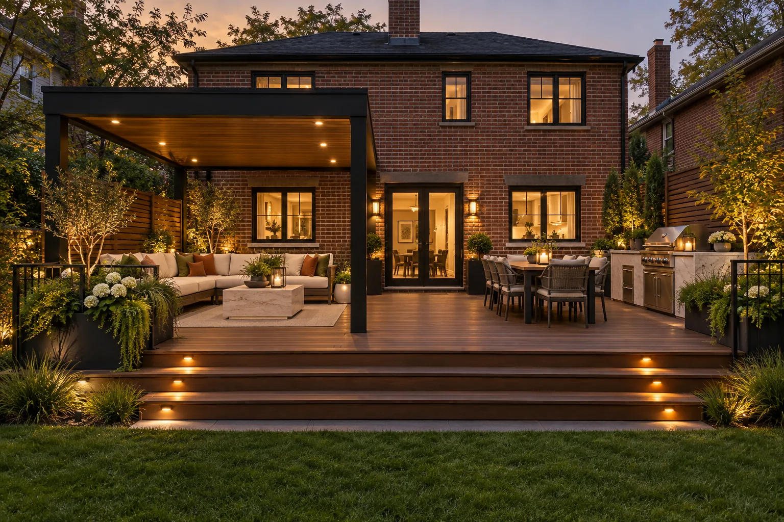 Deck design visualization with a covered outdoor lounge, kitchen, warm wood-toned decking and illuminated steps in a New York backyard.