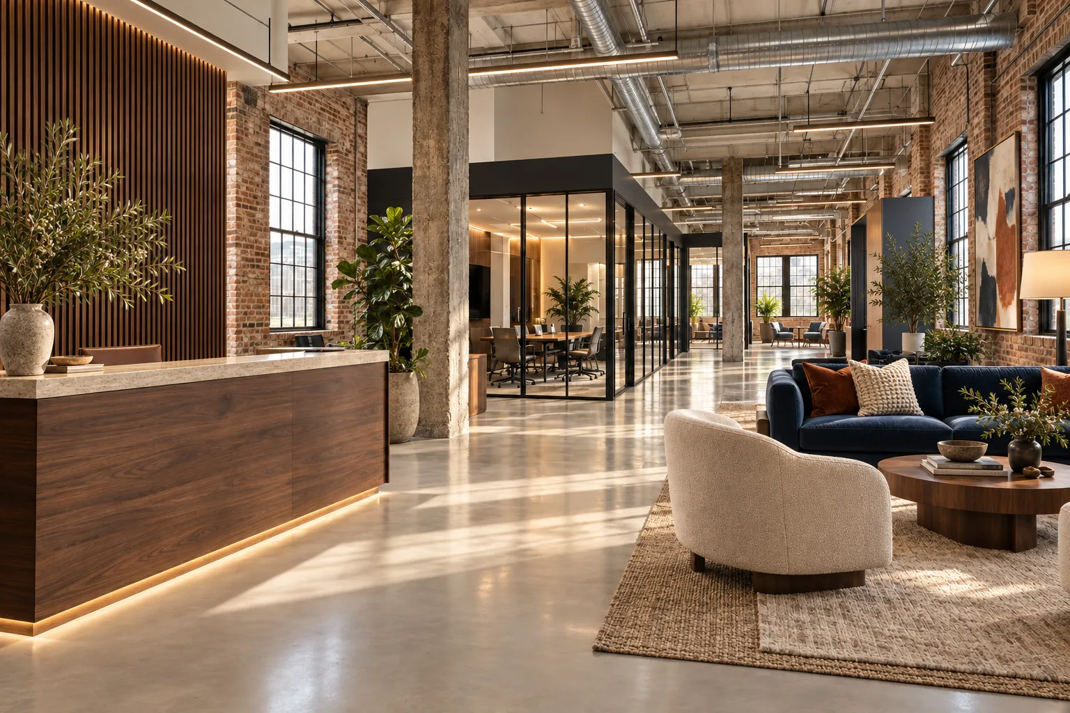 Commercial office design visualization with finished partitions, glass meeting rooms and refined reception areas.