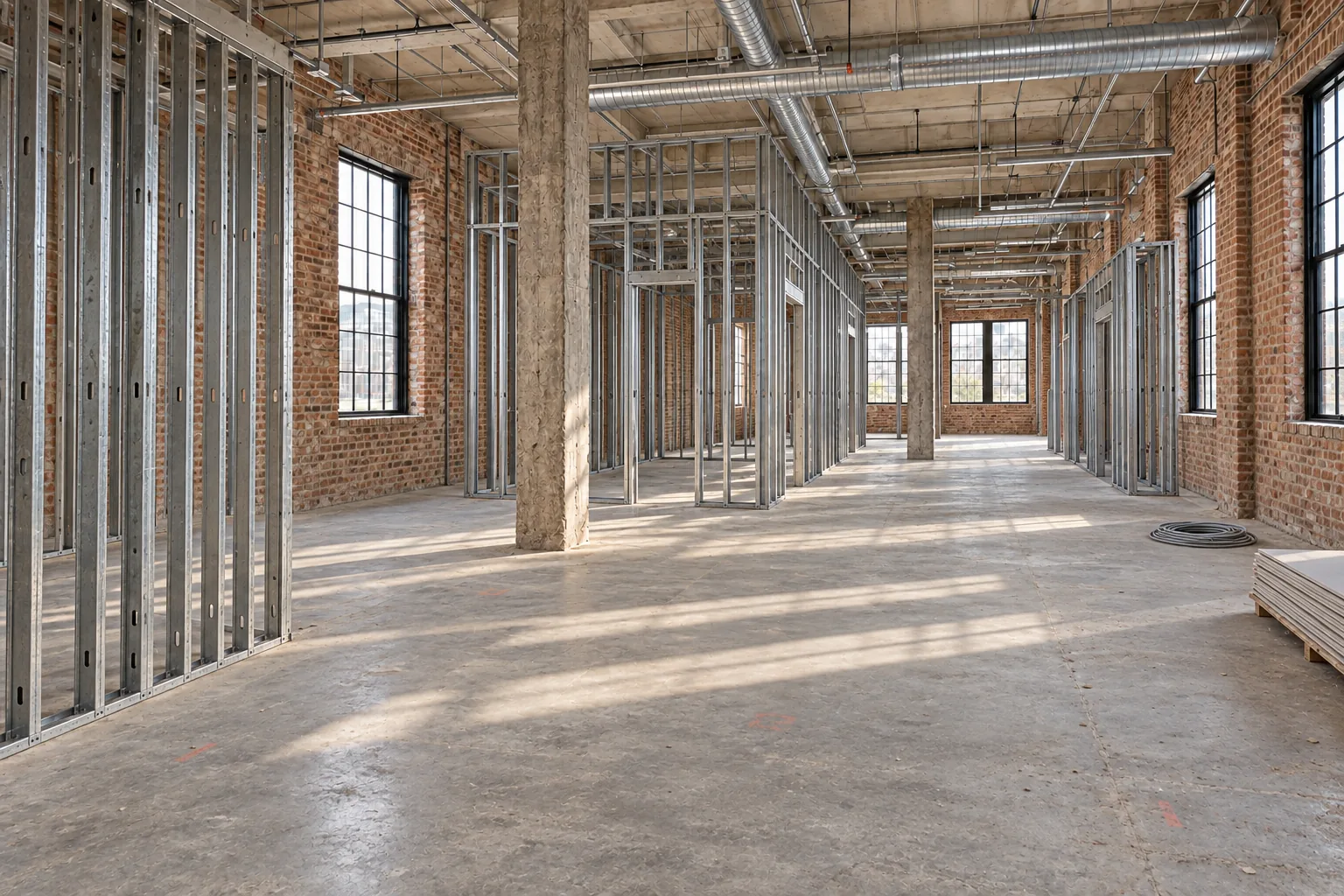 The same office visualization during construction, showing galvanized metal stud partitions before walls and finishes are installed.