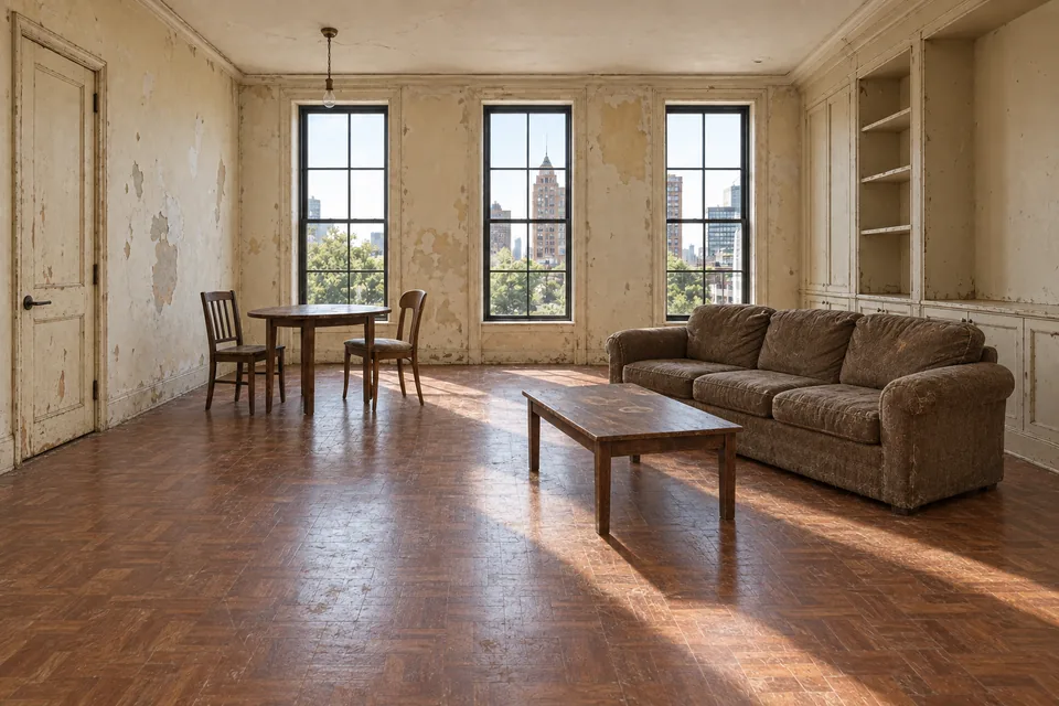 New York loft concept with three tall windows, damaged walls and worn flooring