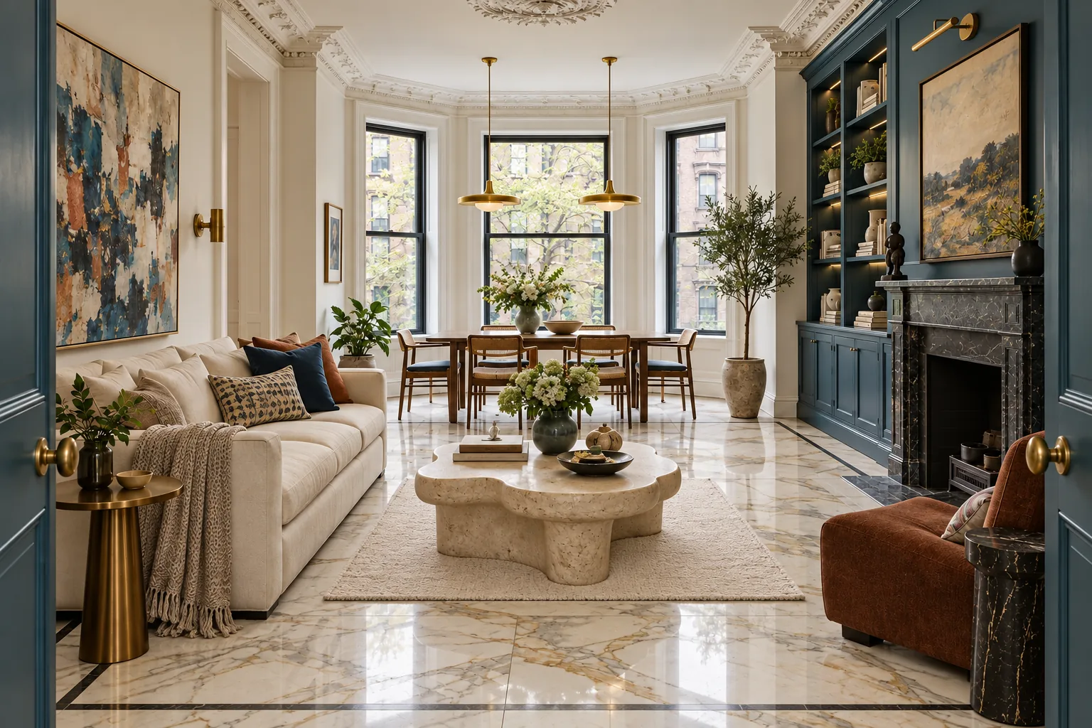 Apartment restoration concept with polished marble flooring, restored moldings, illuminated custom cabinetry and elegant furnishings.
