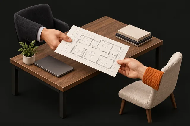 Illustration of a project discussion with a plan and material samples