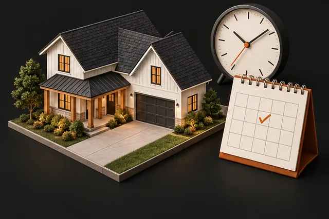 Illustration of a finished home beside a clock and project calendar